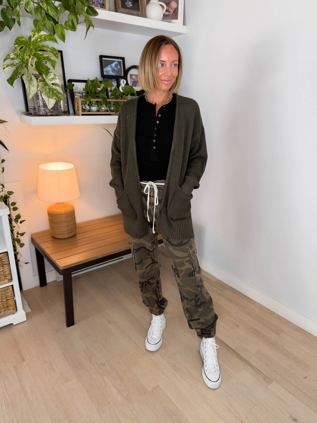 Marley Waffle Cardigan- DARK OLIVE