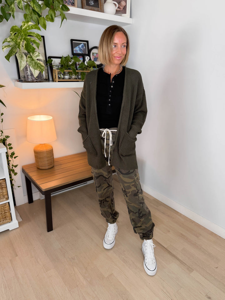 Marley Waffle Cardigan- DARK OLIVE