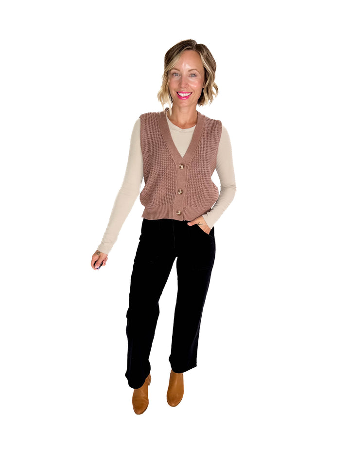 Suzy Chunky Waffle Knit Sweater Vest With Buttons- NUTELLA