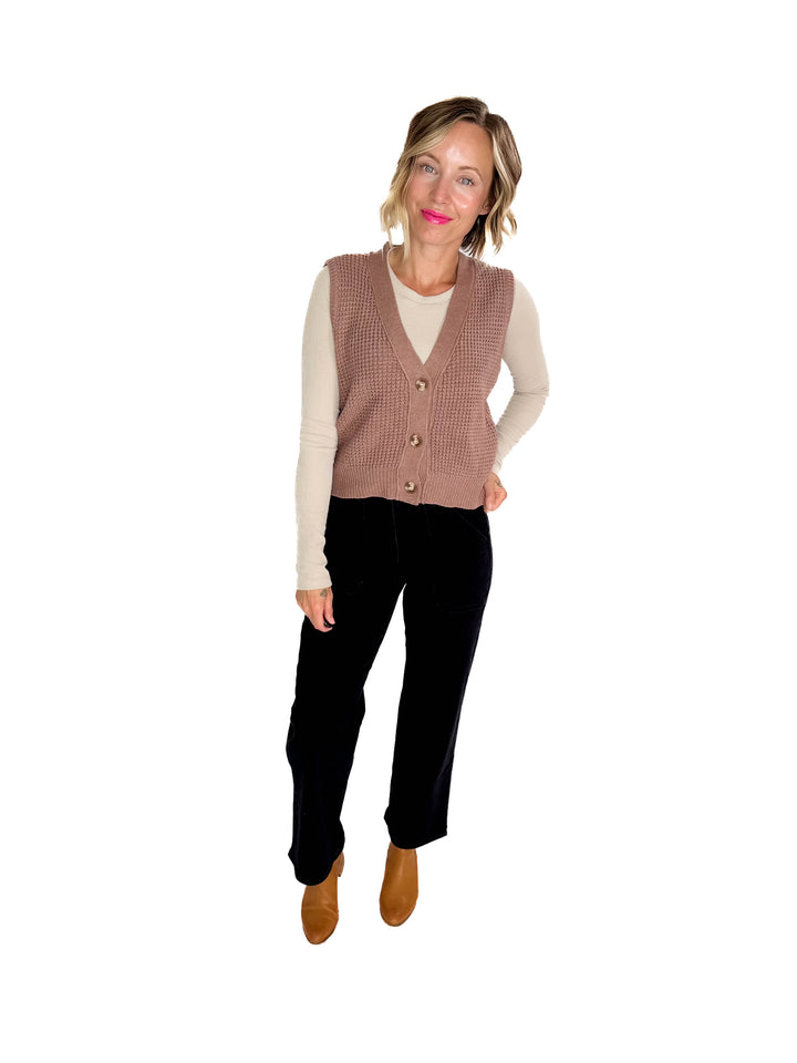 Suzy Chunky Waffle Knit Sweater Vest With Buttons- NUTELLA