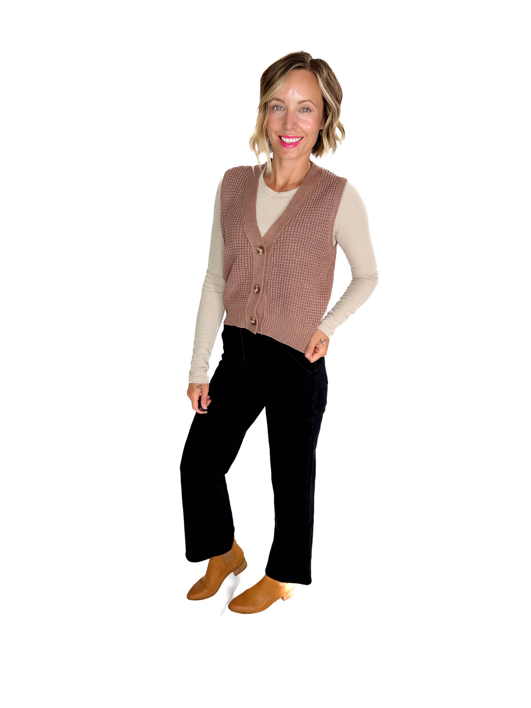 Suzy Chunky Waffle Knit Sweater Vest With Buttons- NUTELLA