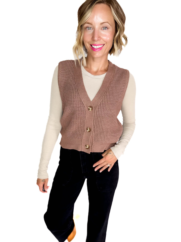 Suzy Chunky Waffle Knit Sweater Vest With Buttons- NUTELLA