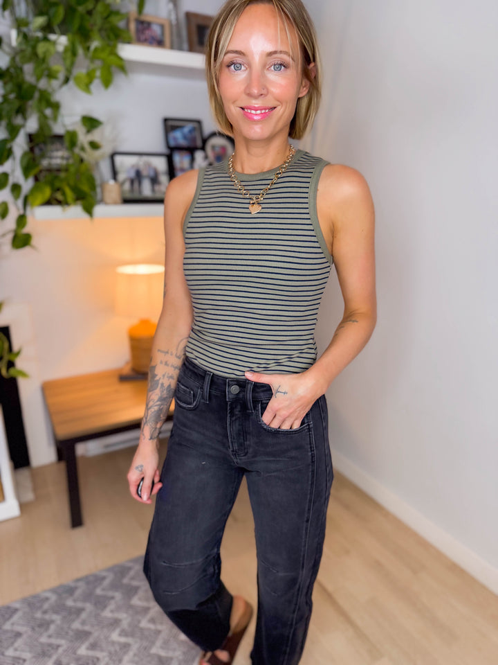 Kenna Round Neck Sleeveless Striped Bodysuit- OLIVE/NAVY STRIPE