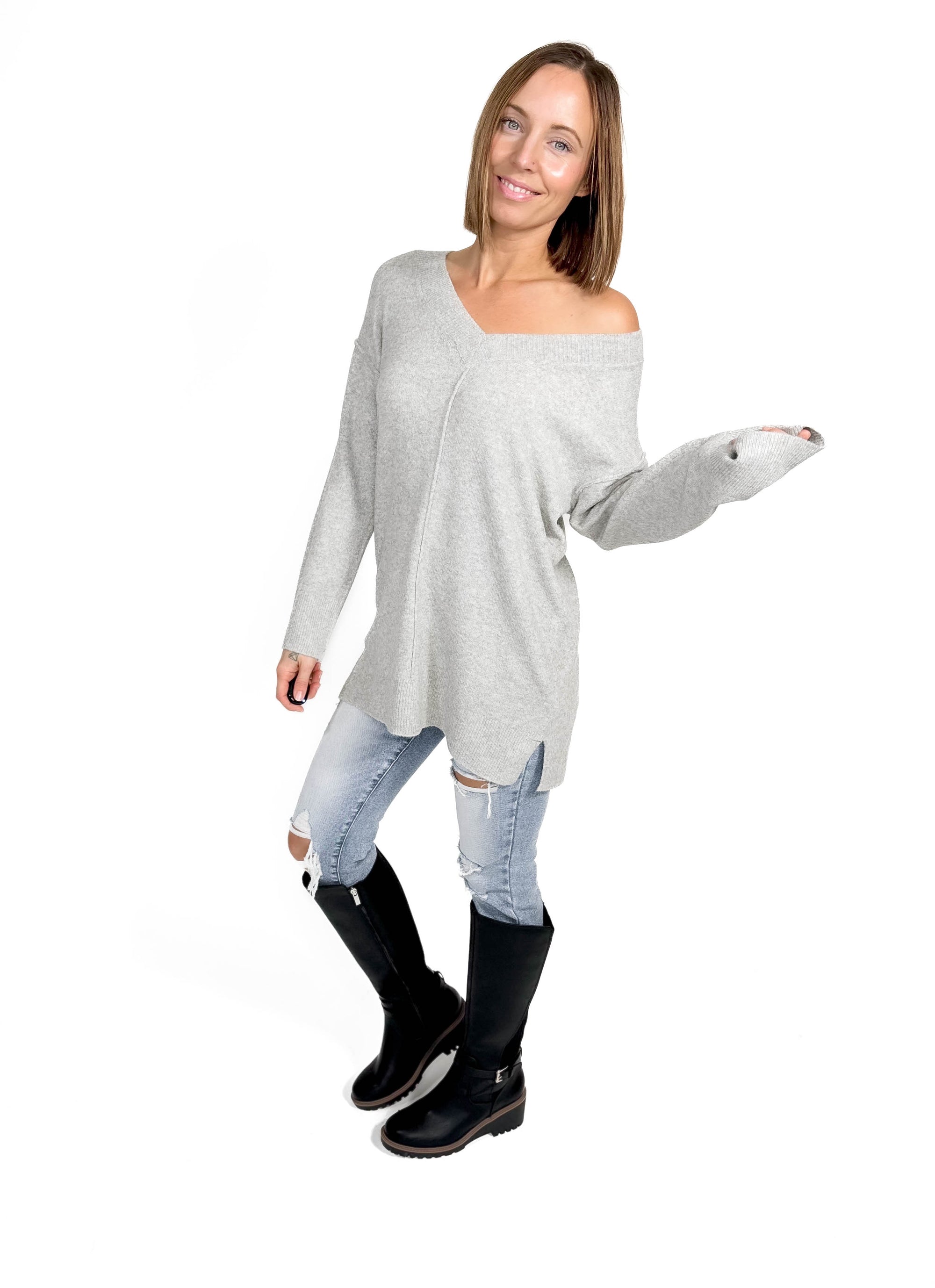 VERO MODA Esti V-neck Tunic Sweater- LIGHT GREY MELANGE -FINAL SALE