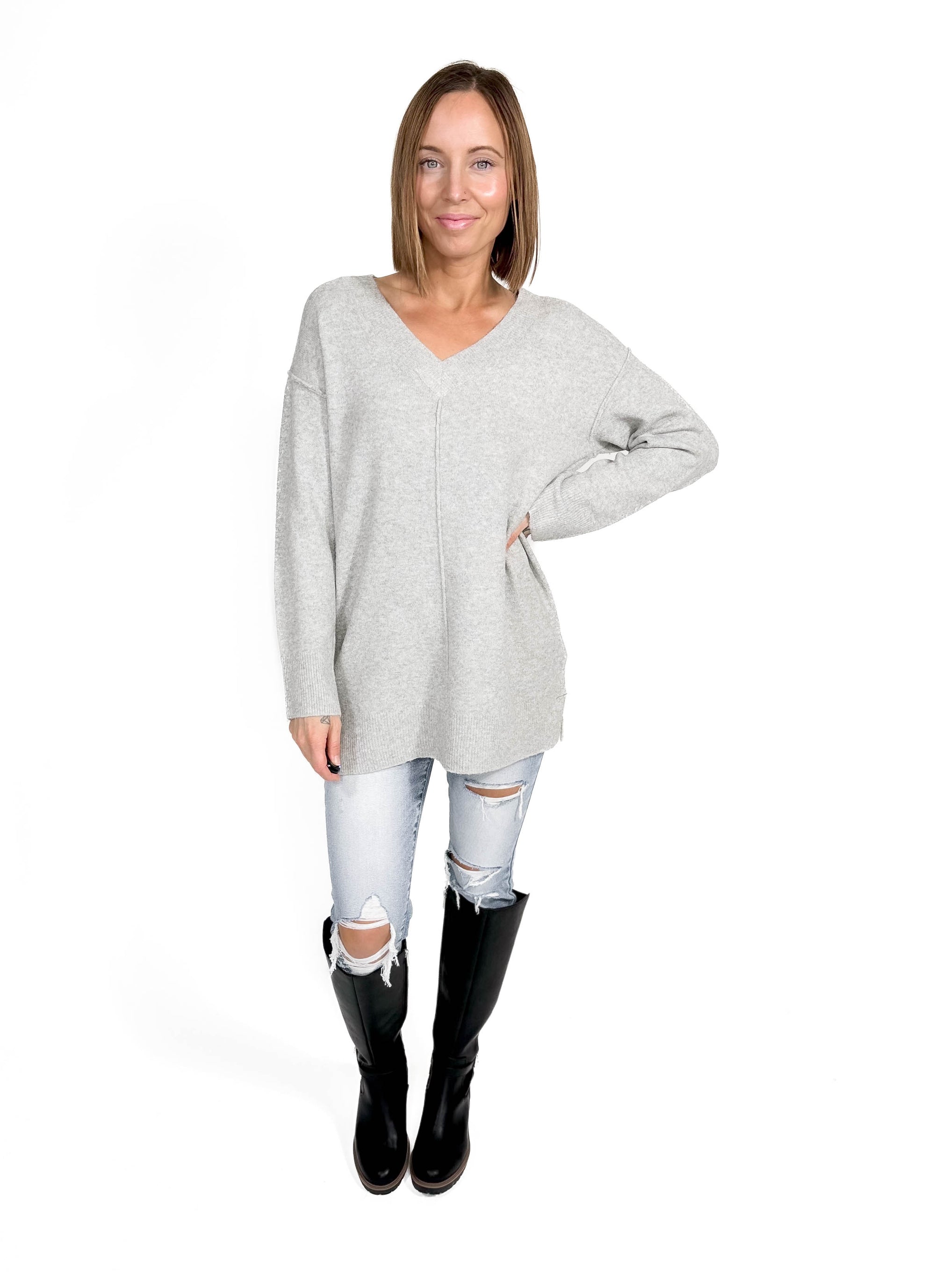 VERO MODA Esti V-neck Tunic Sweater- LIGHT GREY MELANGE -FINAL SALE