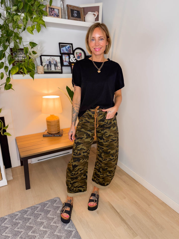 Brogan Tie Waist Camo Barrel Jeans