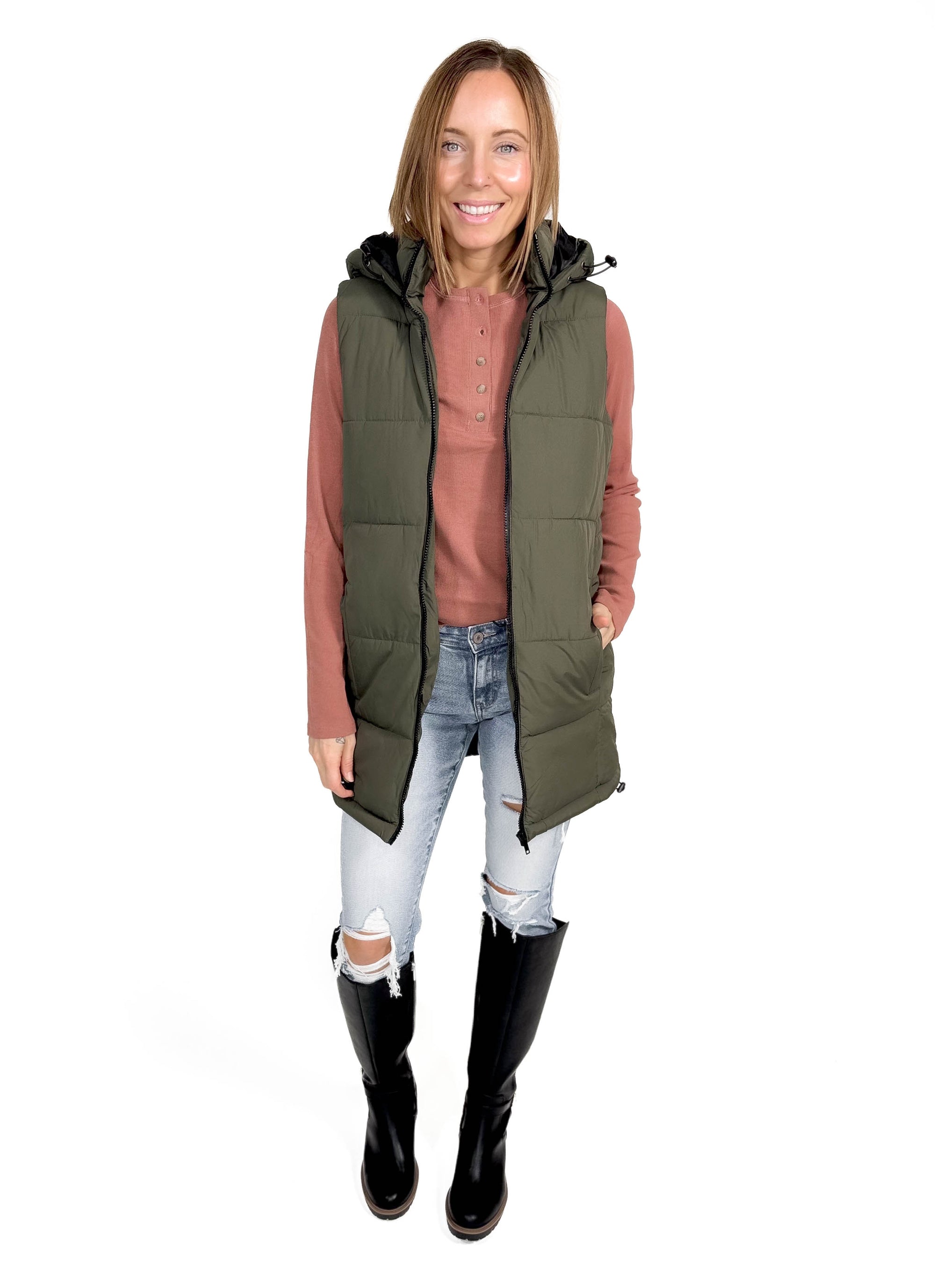 NOISY MAY Aurora Hooded Vest- DUSTY OLIVE