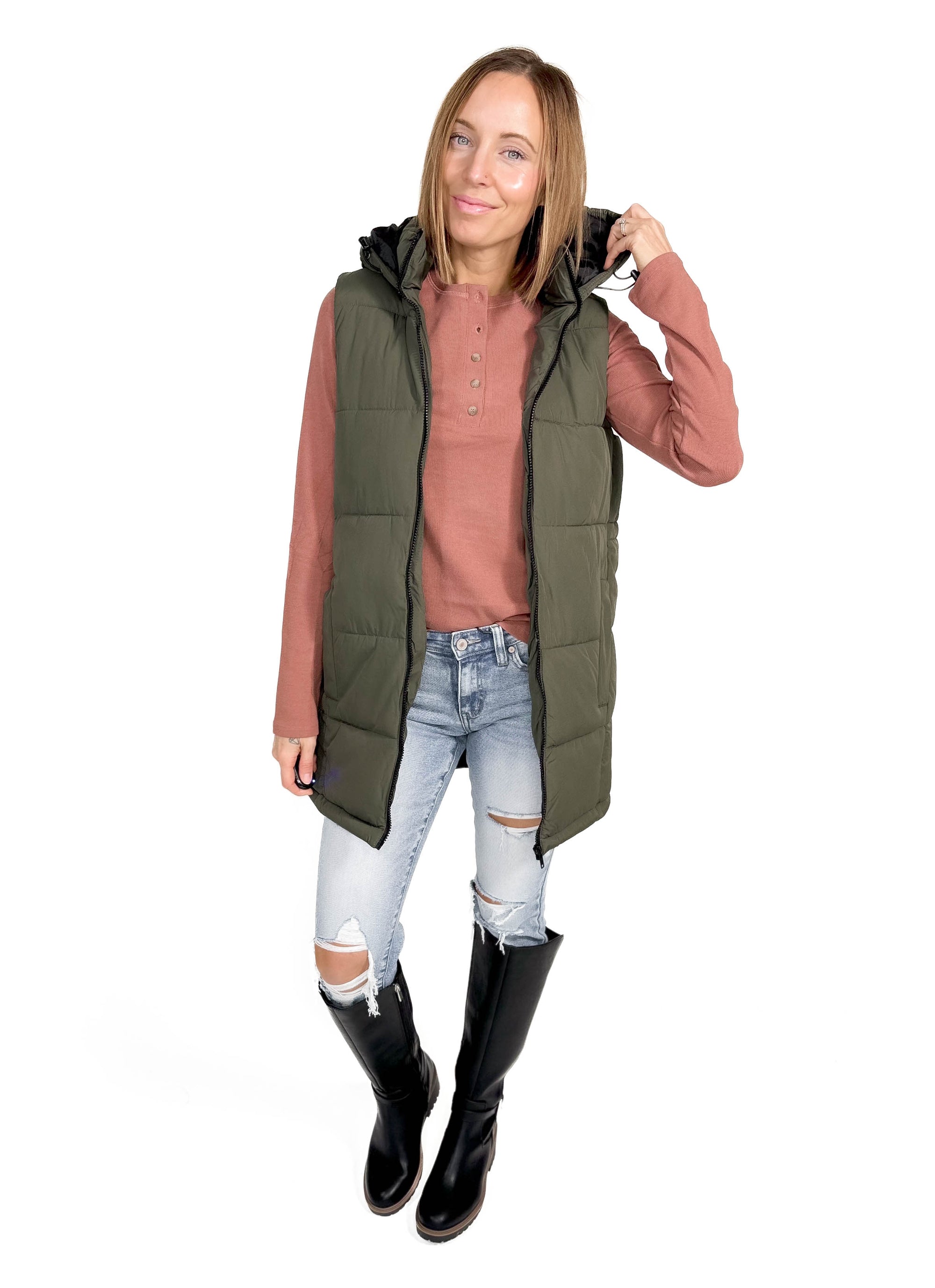 NOISY MAY Aurora Hooded Vest- DUSTY OLIVE