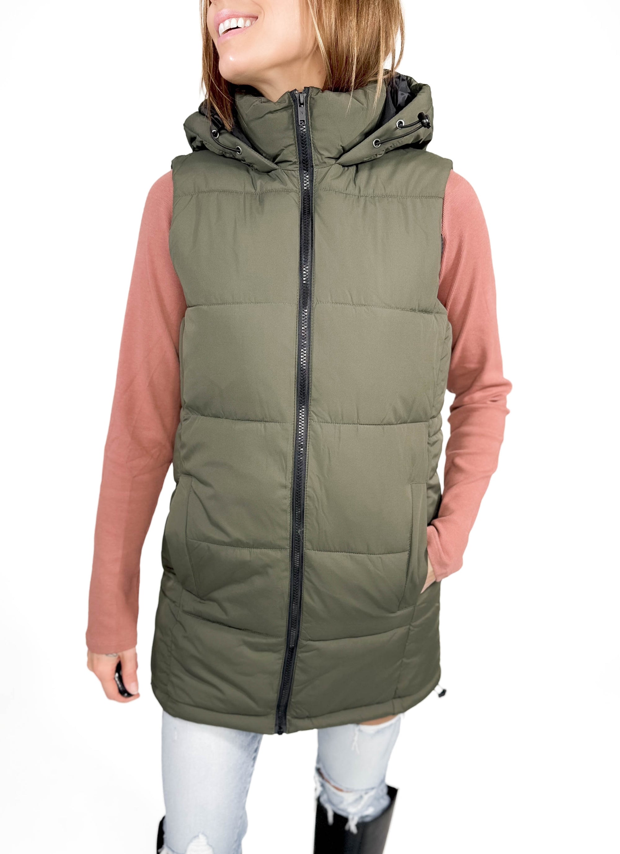 NOISY MAY Aurora Hooded Vest- DUSTY OLIVE