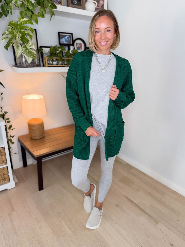 Marley Waffle Cardigan- HUNTER GREEN