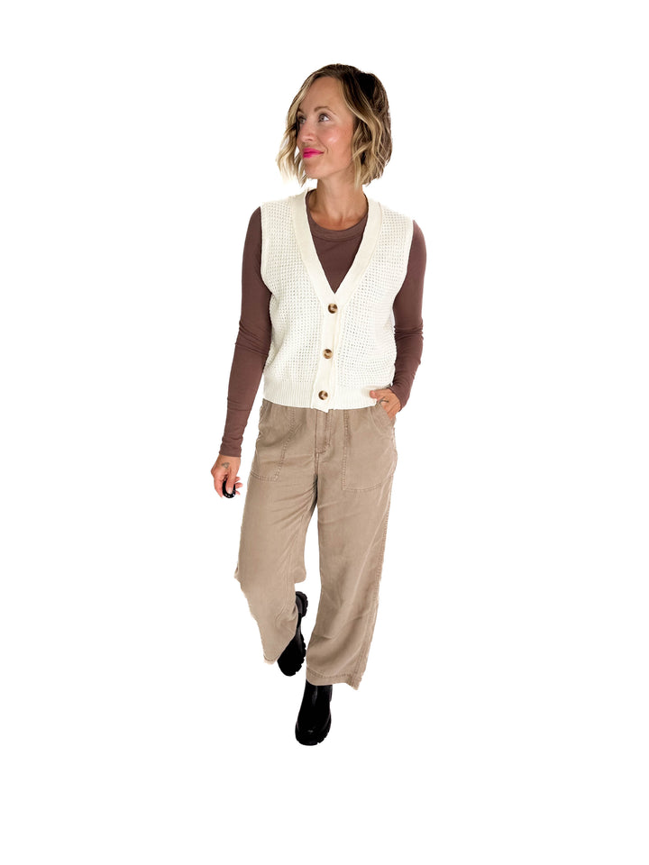 Suzy Chunky Waffle Knit Sweater Vest With Buttons- CREAM