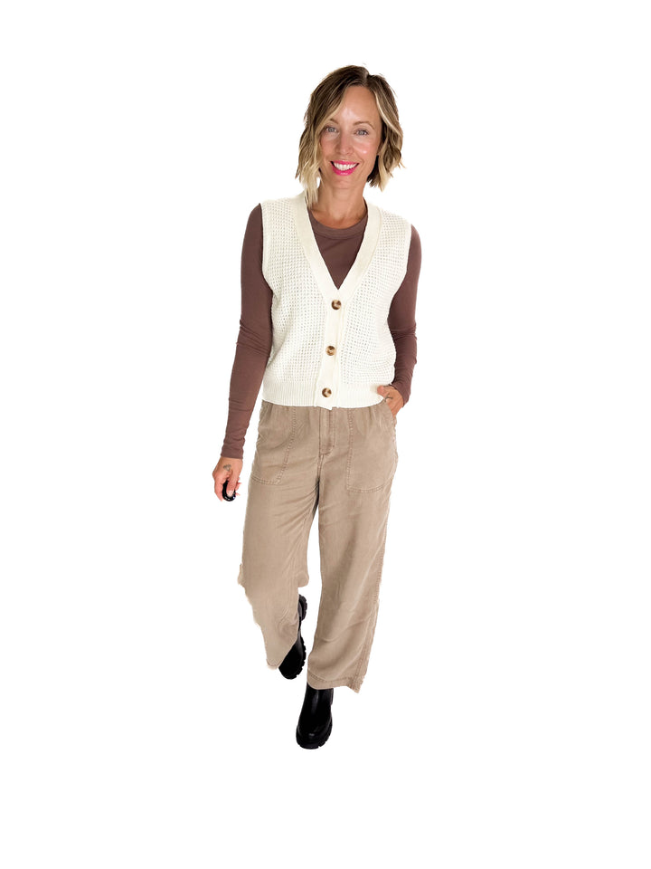 Suzy Chunky Waffle Knit Sweater Vest With Buttons- CREAM