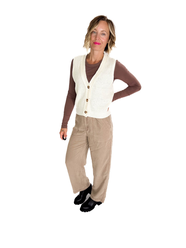 Suzy Chunky Waffle Knit Sweater Vest With Buttons- CREAM