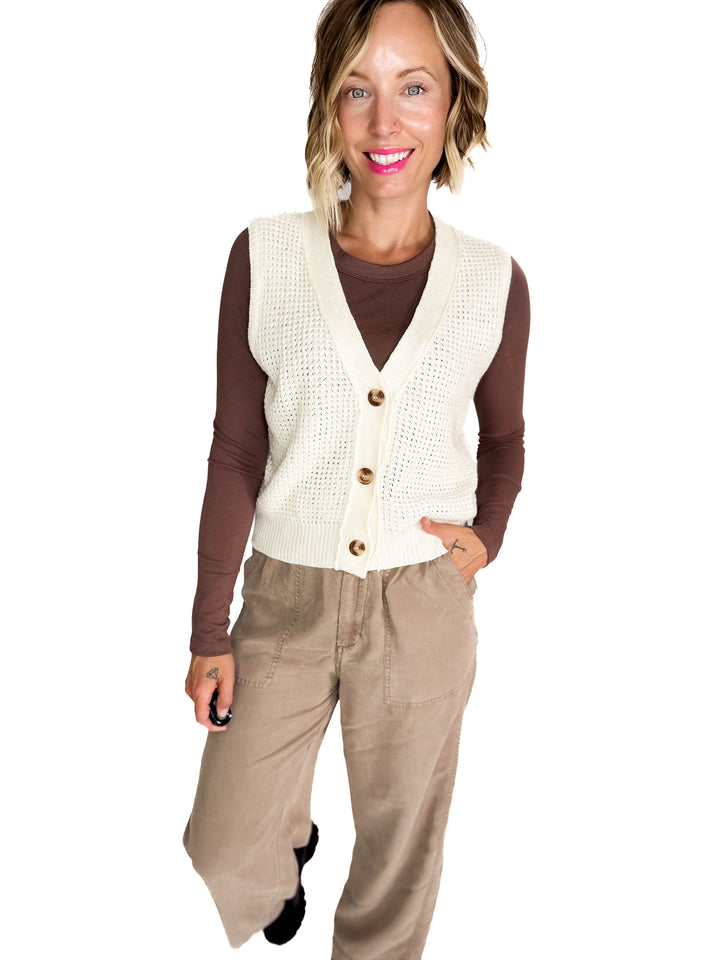Suzy Chunky Waffle Knit Sweater Vest With Buttons- CREAM