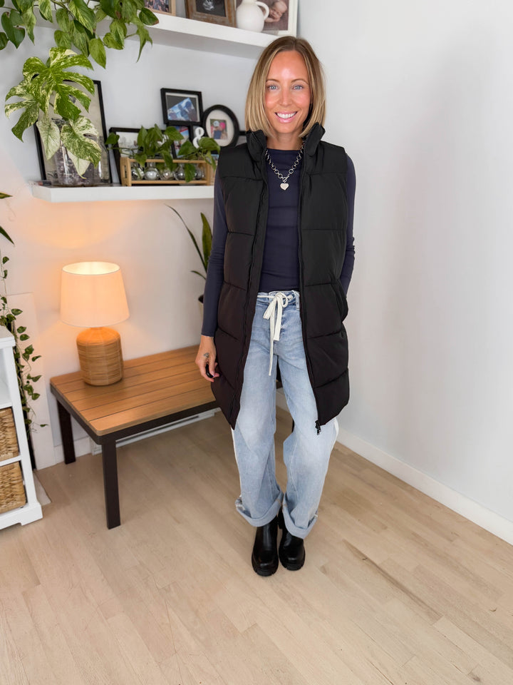 NOISY MAY Rosy Long Puffer Vest- BLACK