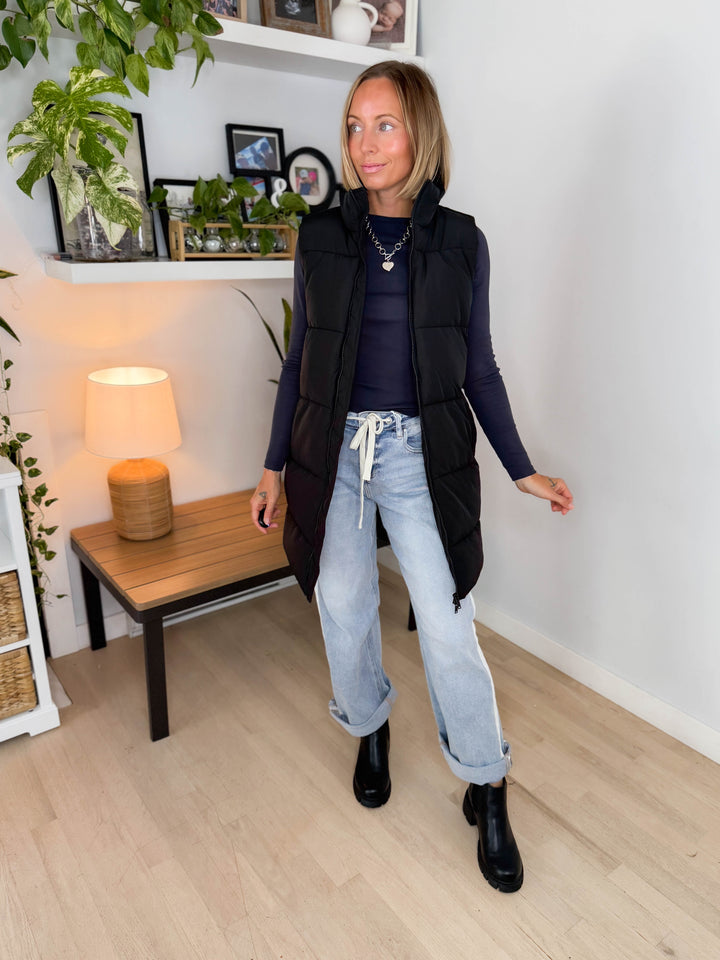 NOISY MAY Rosy Long Puffer Vest- BLACK
