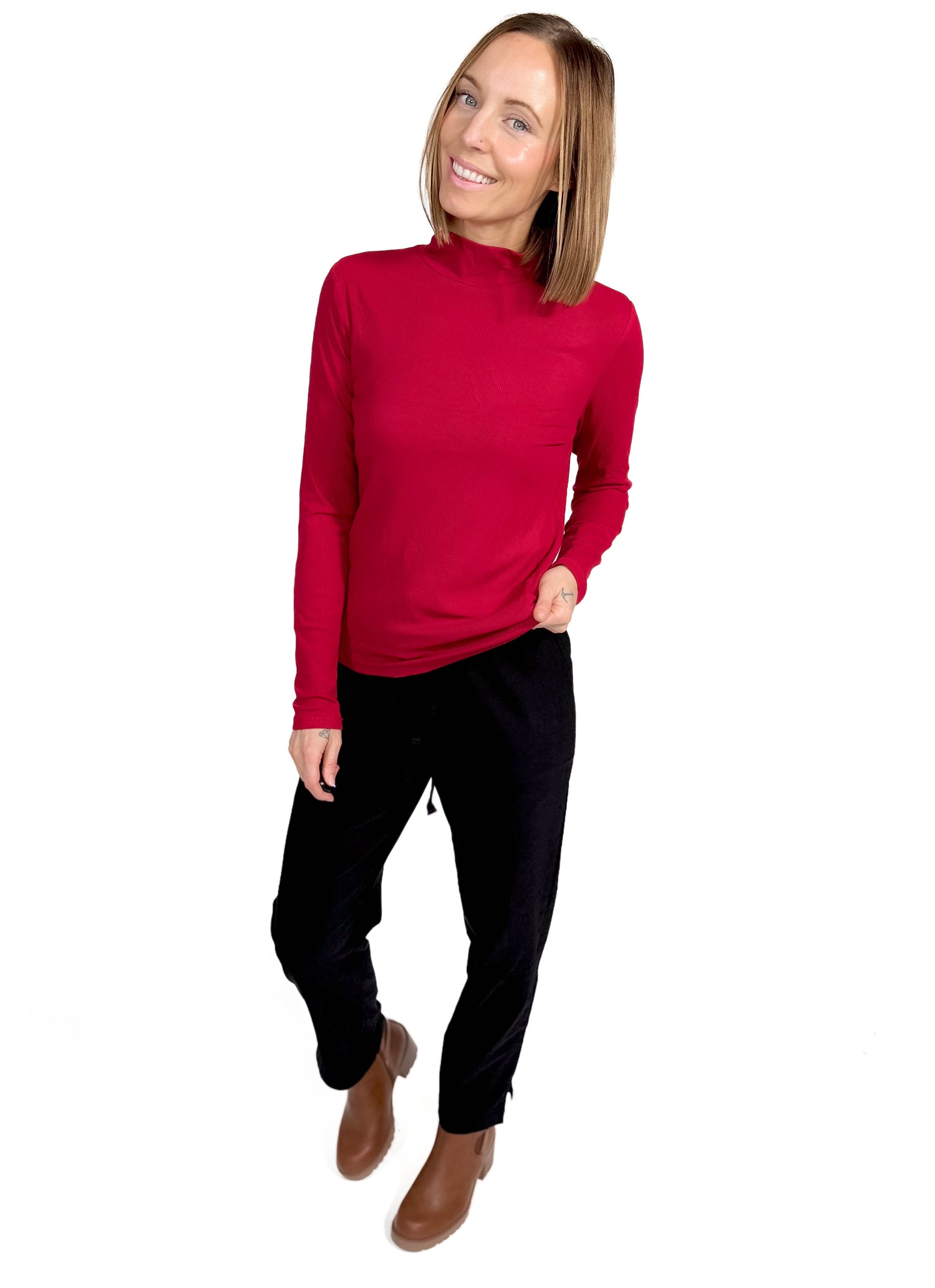 Gotta Have Ribbed Mock Neck Long Sleeve- CRIMSON -FINAL SALE