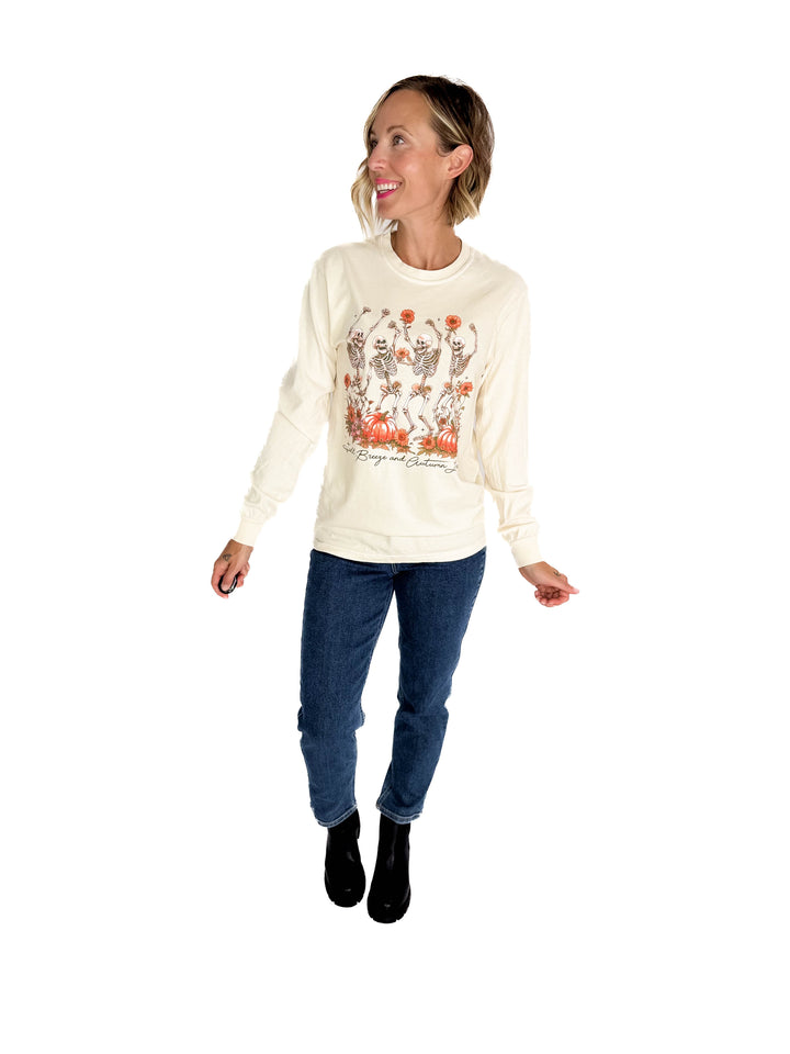 Fall Breeze Dancing Skeletons Graphic Long Sleeve- SAND