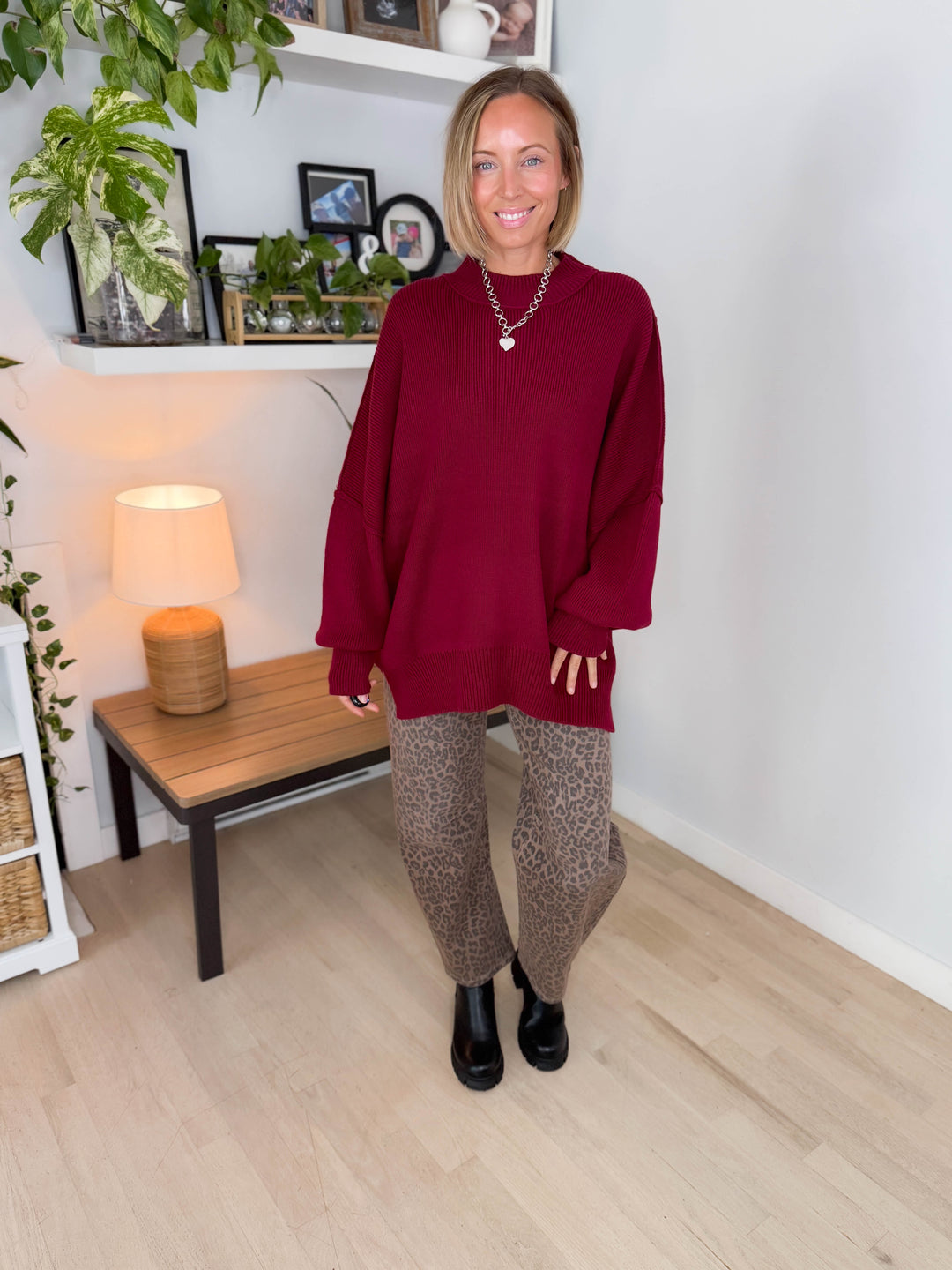 Frosted Pines Oversized Side Slit Sweater- BURGUNDY
