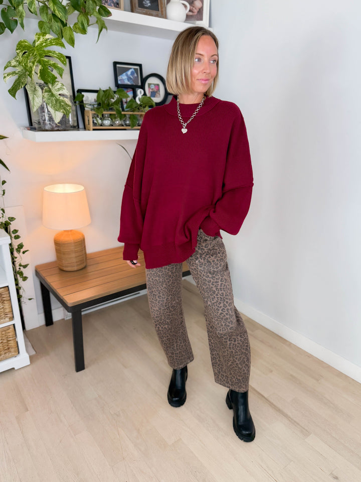 Frosted Pines Oversized Side Slit Sweater- BURGUNDY