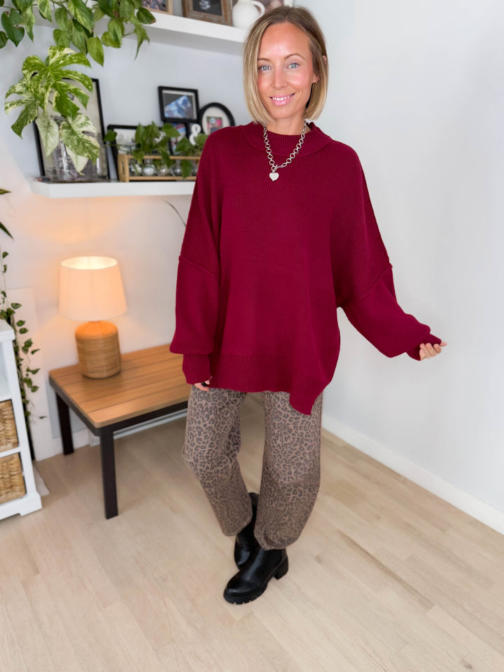 Frosted Pines Oversized Side Slit Sweater- BURGUNDY