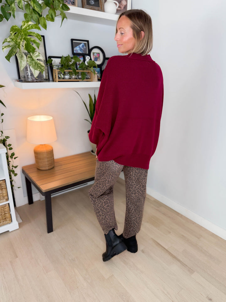 Frosted Pines Oversized Side Slit Sweater- BURGUNDY
