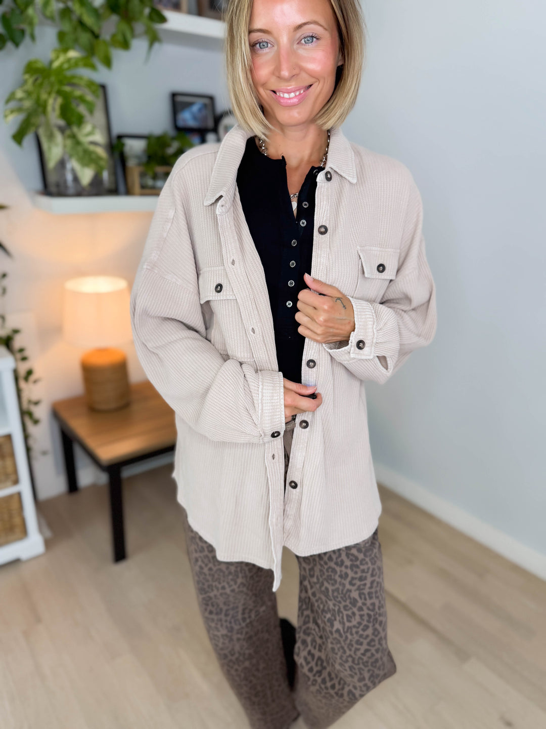 Ivy Waffle Shacket- DARK TAUPE