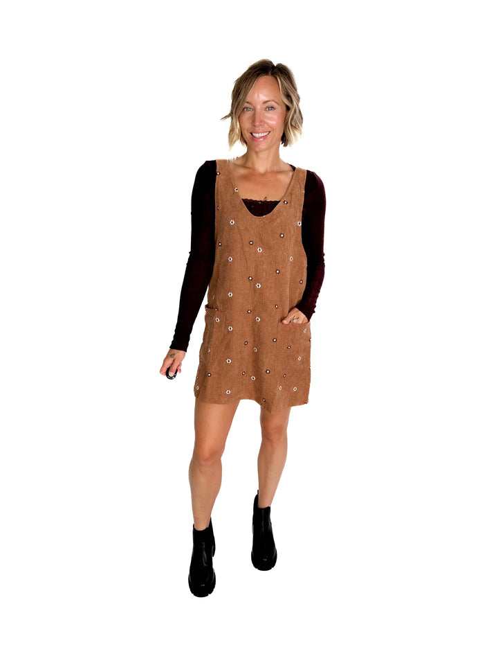 Posies Floral Embroidered Corduroy Jumper Dress- CARAMEL
