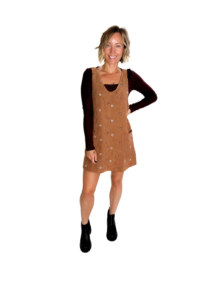 Posies Floral Embroidered Corduroy Jumper Dress- CARAMEL