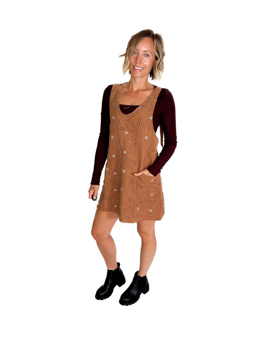 Posies Floral Embroidered Corduroy Jumper Dress- CARAMEL