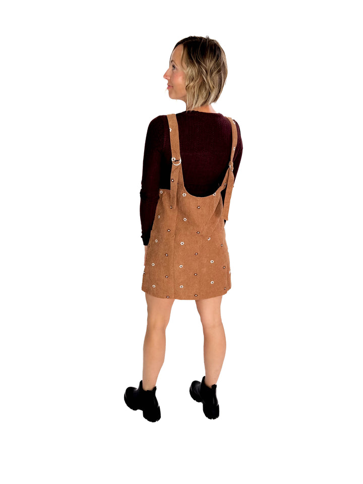 Posies Floral Embroidered Corduroy Jumper Dress- CARAMEL