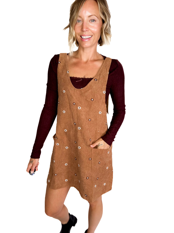 Posies Floral Embroidered Corduroy Jumper Dress- CARAMEL