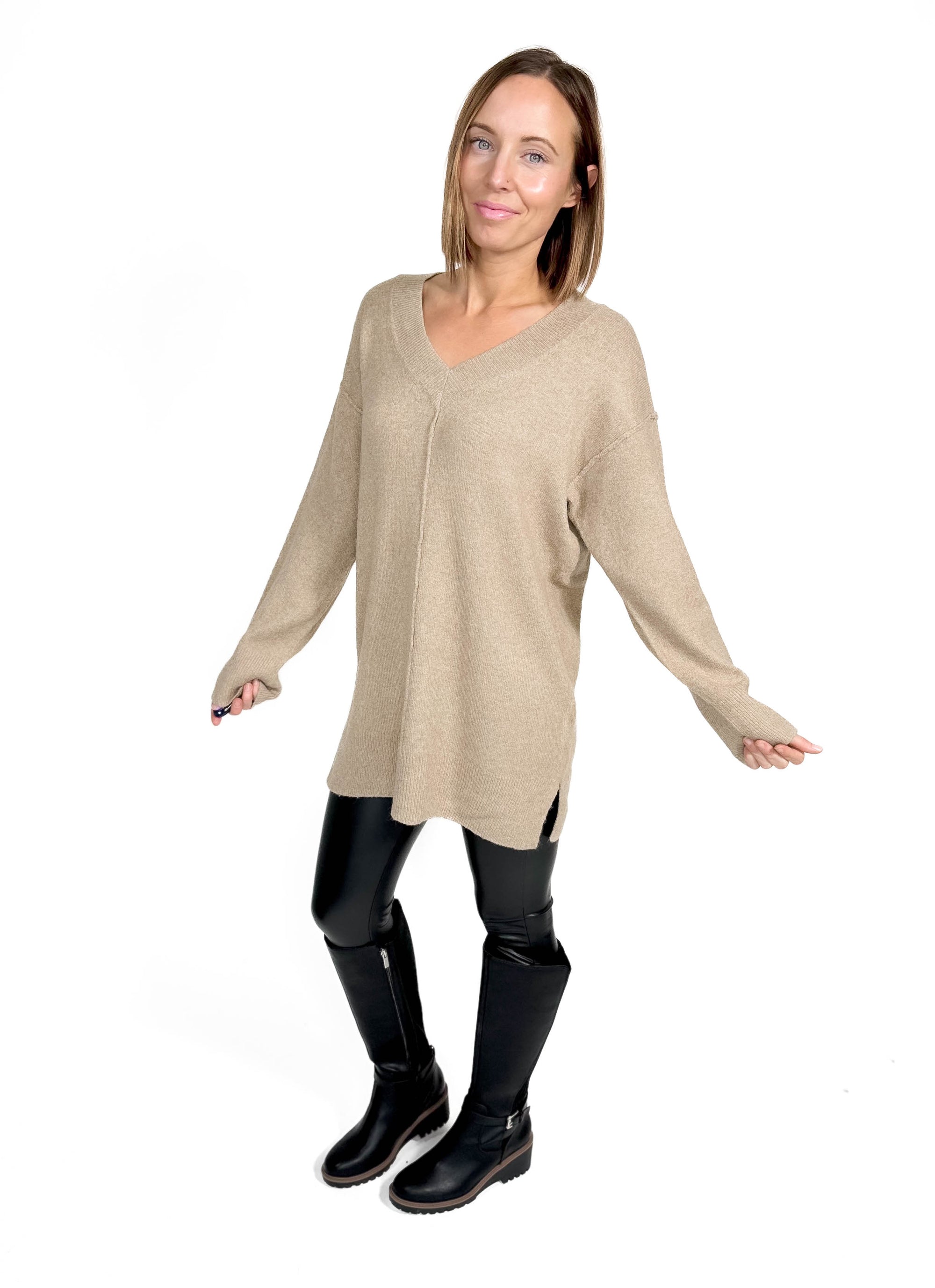 VERO MODA Esti V-neck Tunic Sweater- SILVER MINK -FINAL SALE