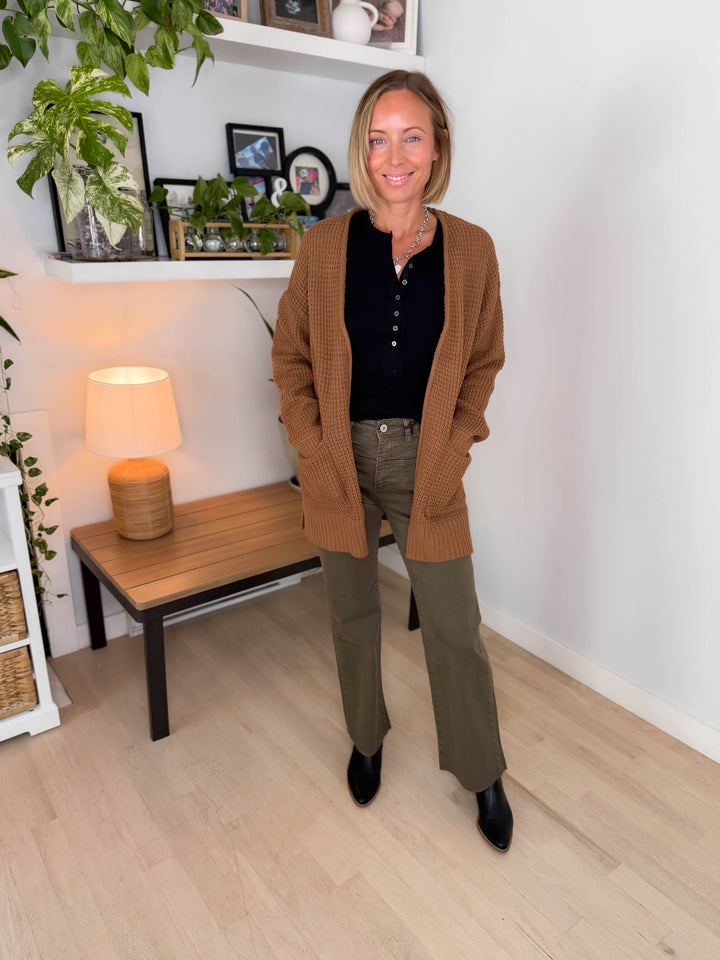 Marley Waffle Cardigan- DEEP CAMEL