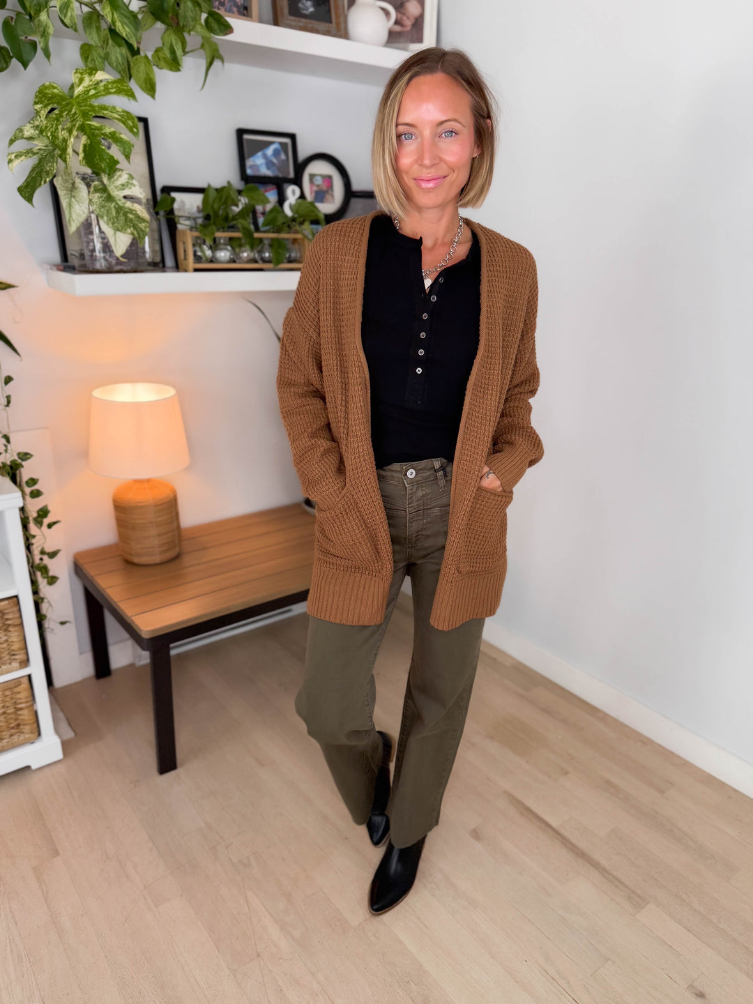 Marley Waffle Cardigan- DEEP CAMEL