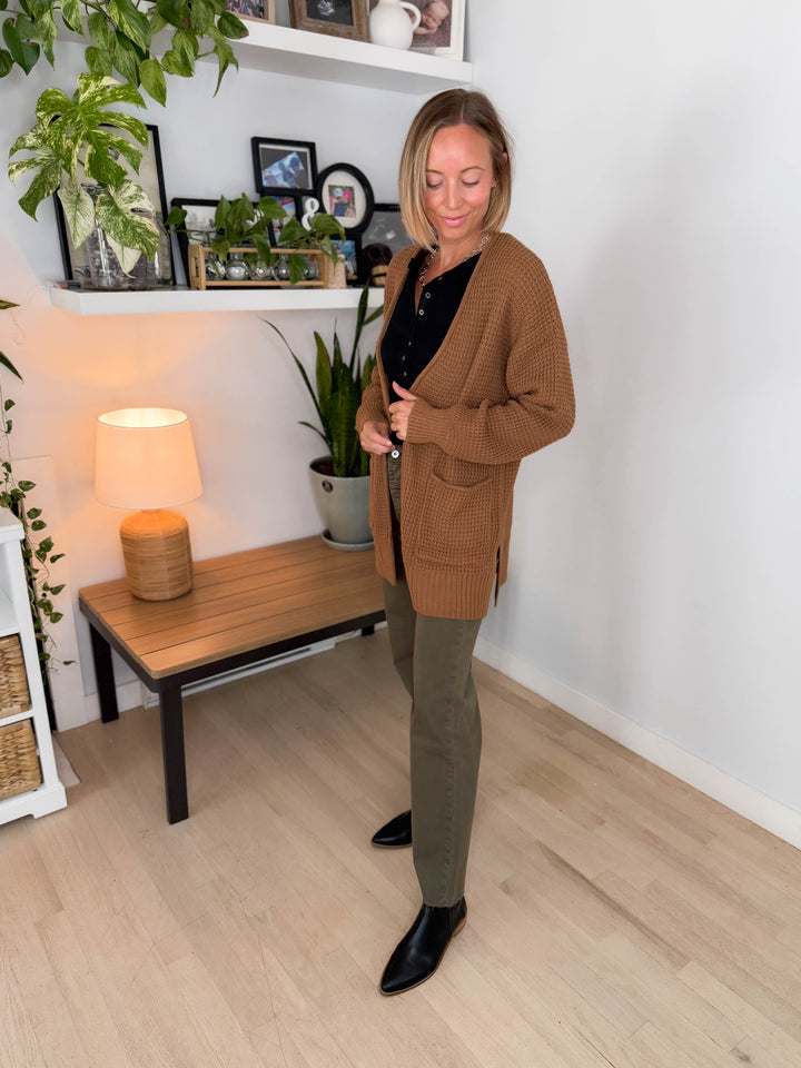 Marley Waffle Cardigan- DEEP CAMEL