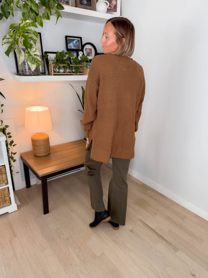 Marley Waffle Cardigan- DEEP CAMEL