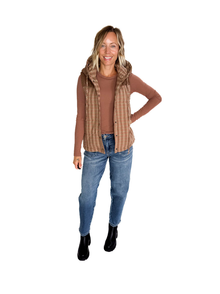 Larissa Corduroy Mixed Plaid Puffer Vest- SALMON-FINAL SALE