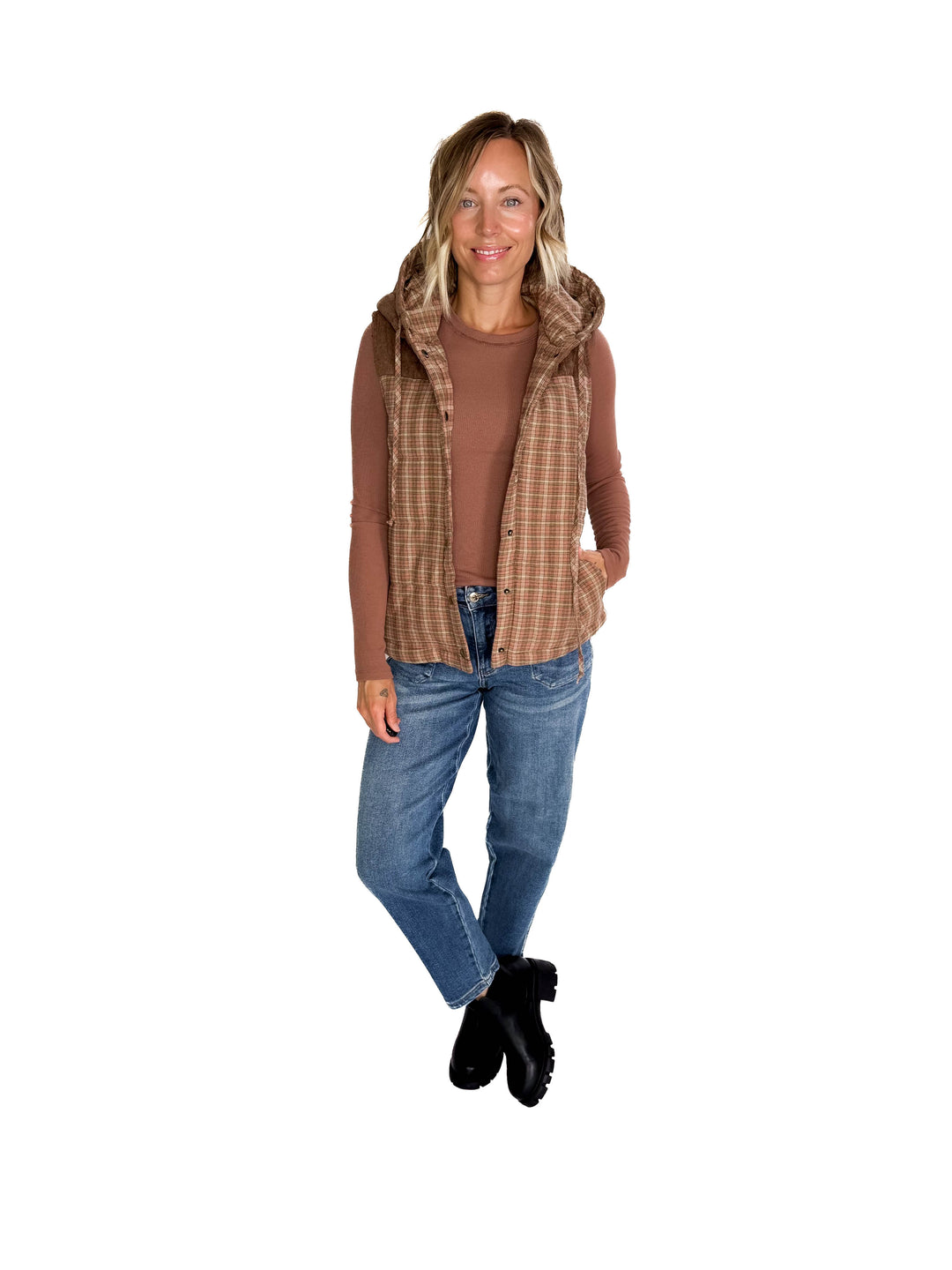 Larissa Corduroy Mixed Plaid Puffer Vest- SALMON-FINAL SALE