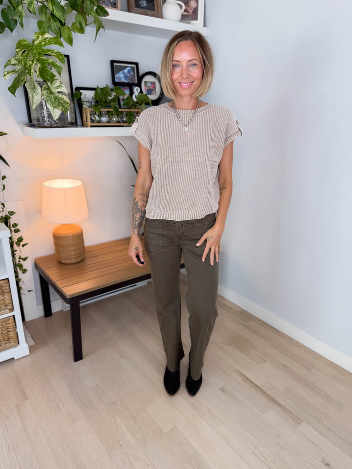 Sienna Washed Back Button Knit Top- KHAKI