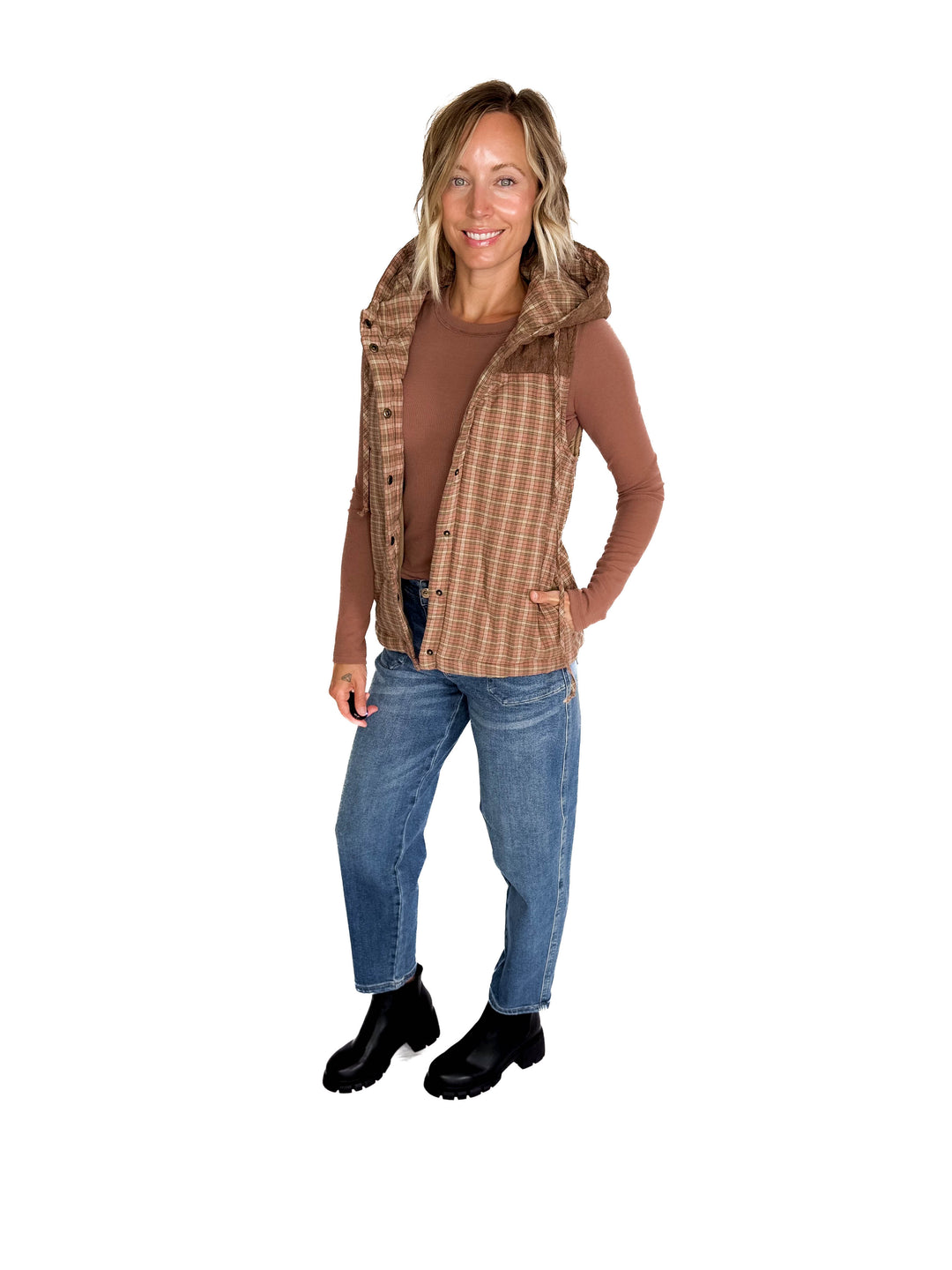 Larissa Corduroy Mixed Plaid Puffer Vest- SALMON-FINAL SALE
