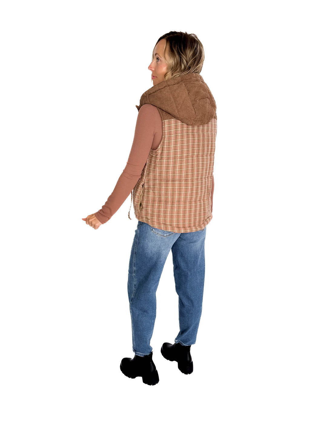Larissa Corduroy Mixed Plaid Puffer Vest- SALMON-FINAL SALE