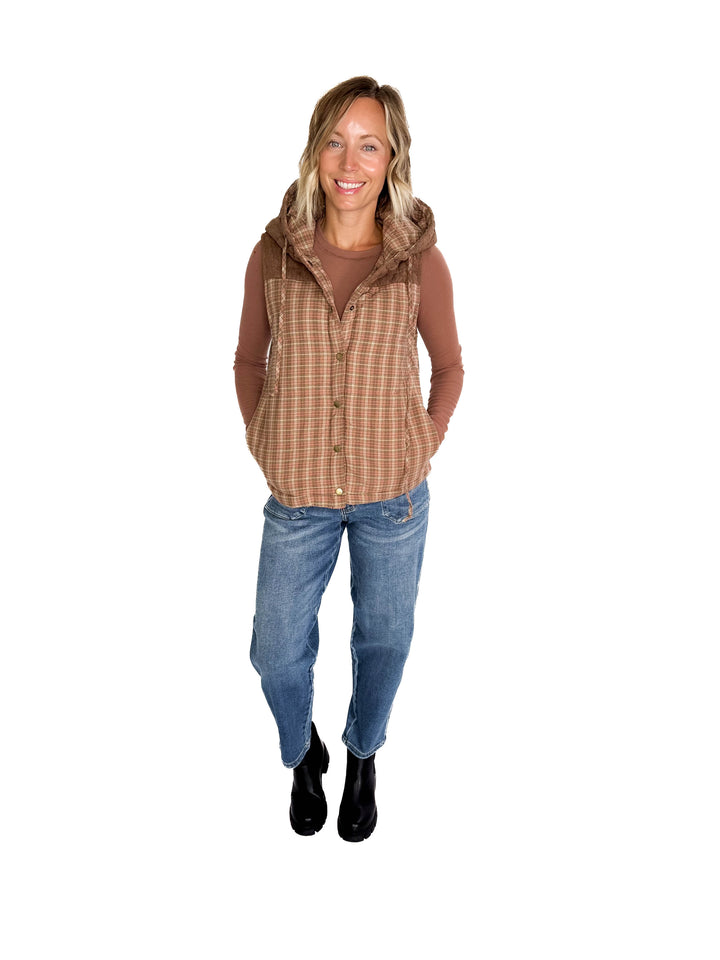 Larissa Corduroy Mixed Plaid Puffer Vest- SALMON-FINAL SALE