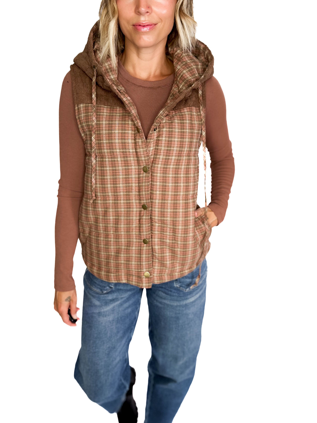 Larissa Corduroy Mixed Plaid Puffer Vest- SALMON-FINAL SALE
