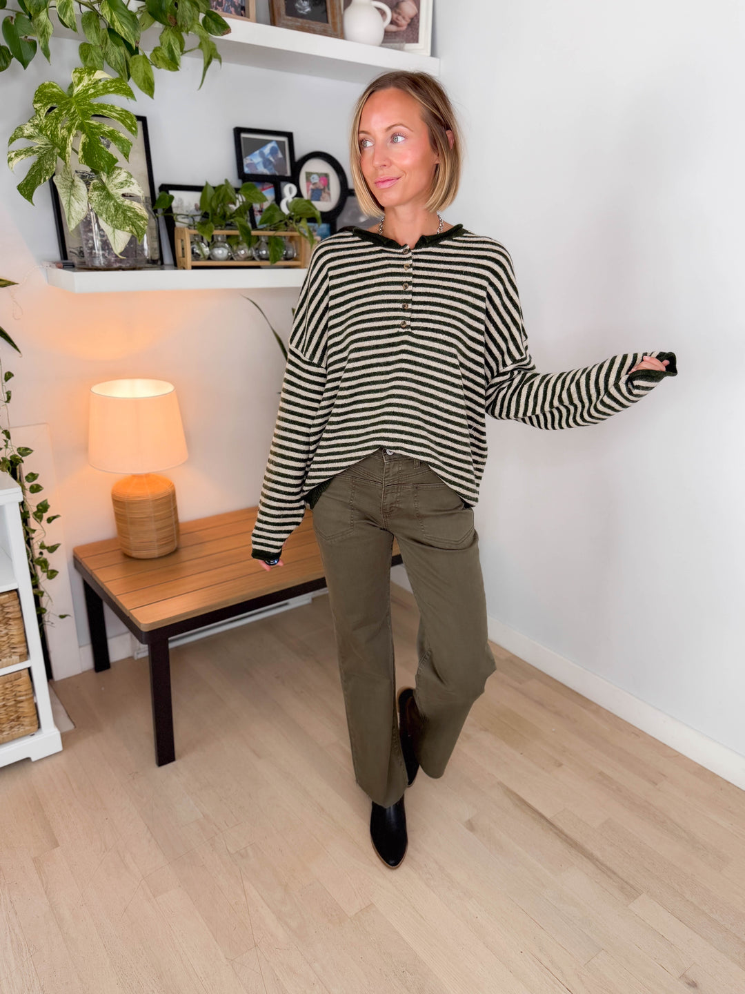 Briar Henley Stripe Sweater- OLIVE