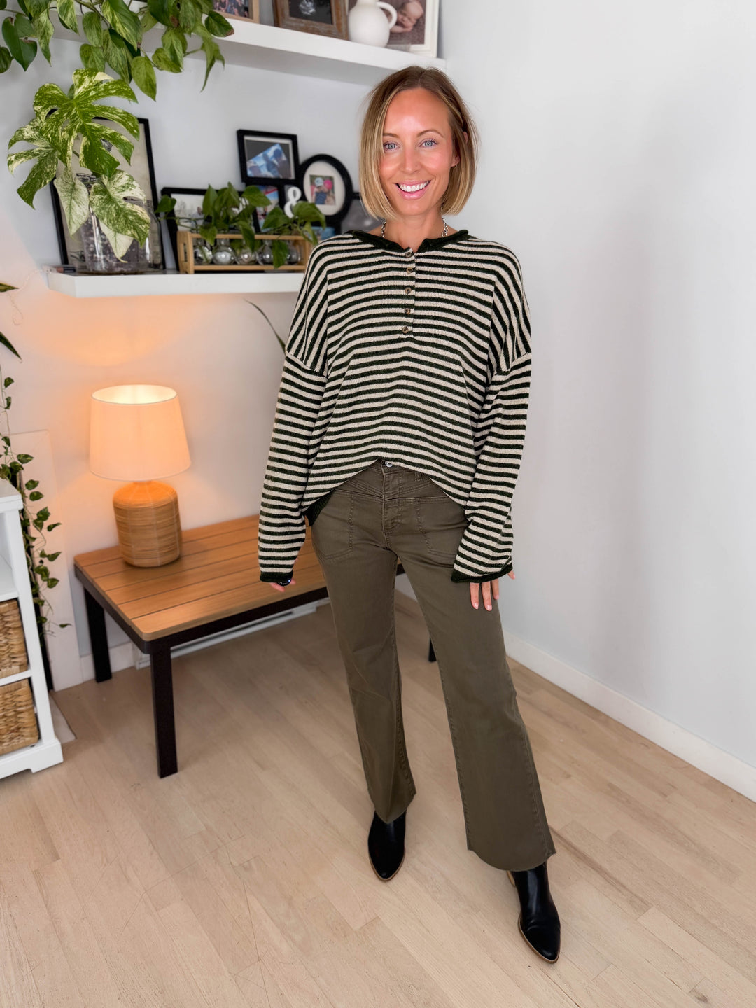 Briar Henley Stripe Sweater- OLIVE