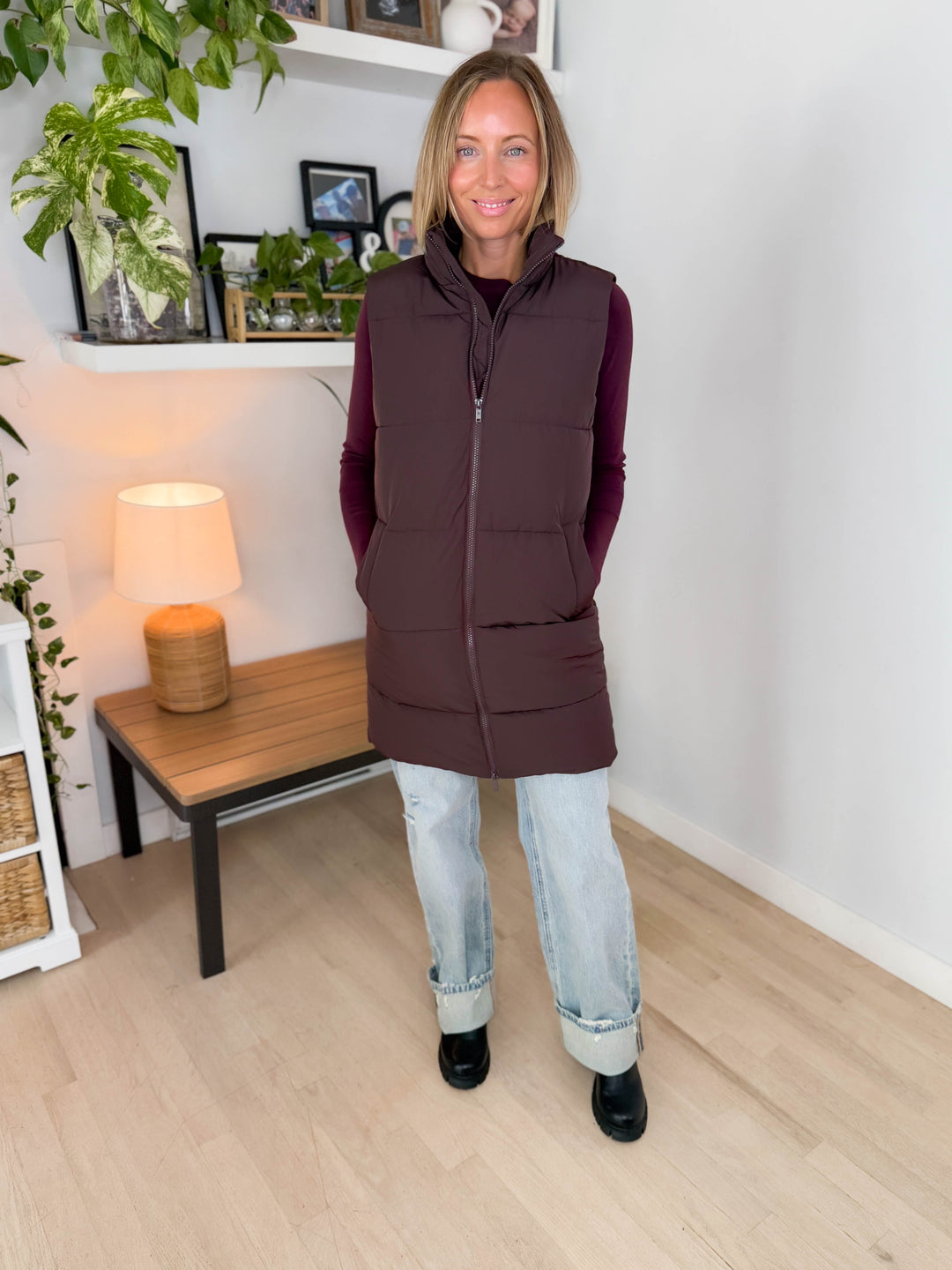 NOISY MAY Rosy Long Puffer Vest- CHOCOLATE