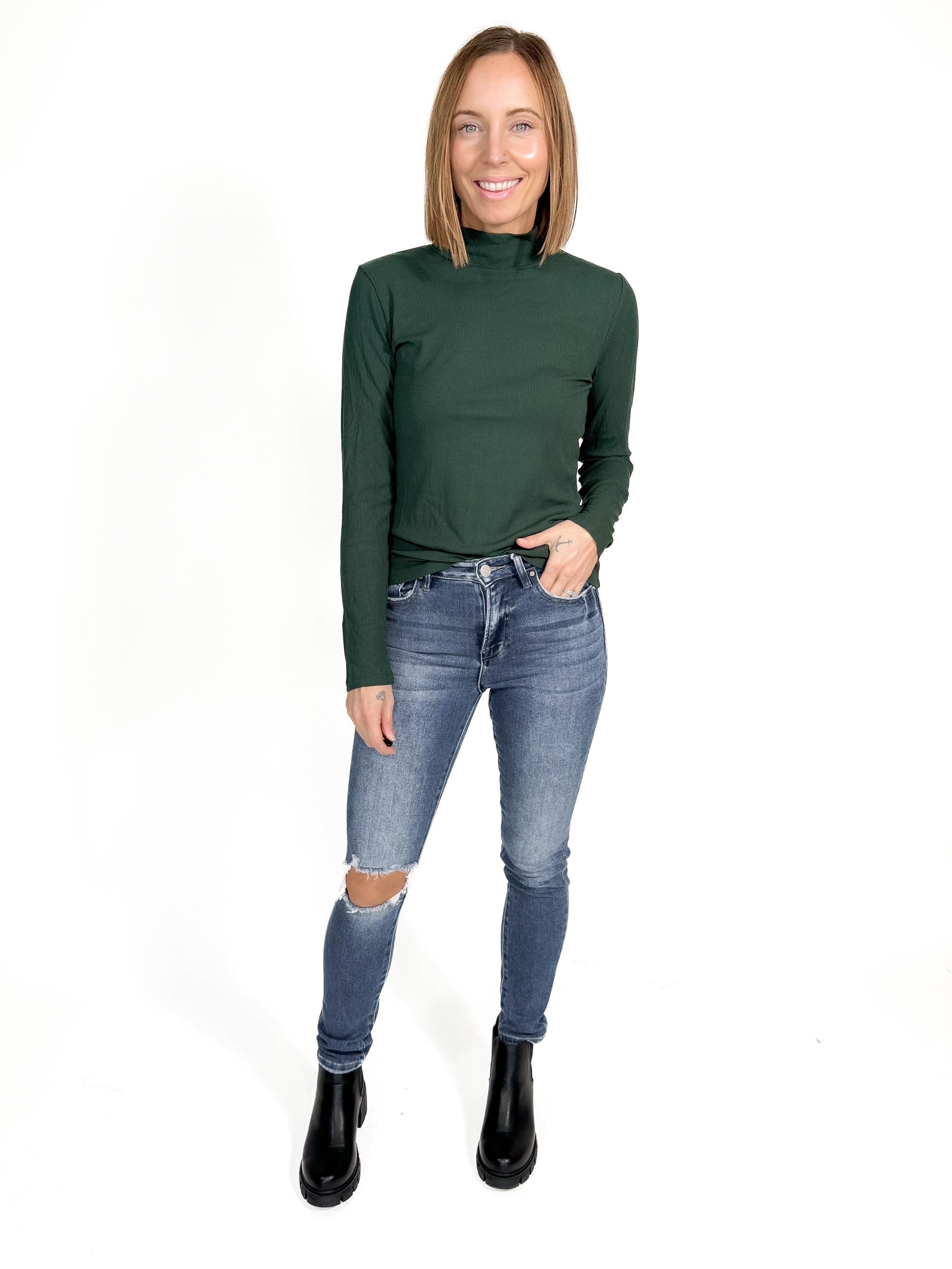 Gotta Have Ribbed Mock Neck Long Sleeve- HUNTER GREEN -FINAL SALE