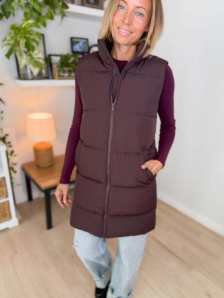 NOISY MAY Rosy Long Puffer Vest- CHOCOLATE