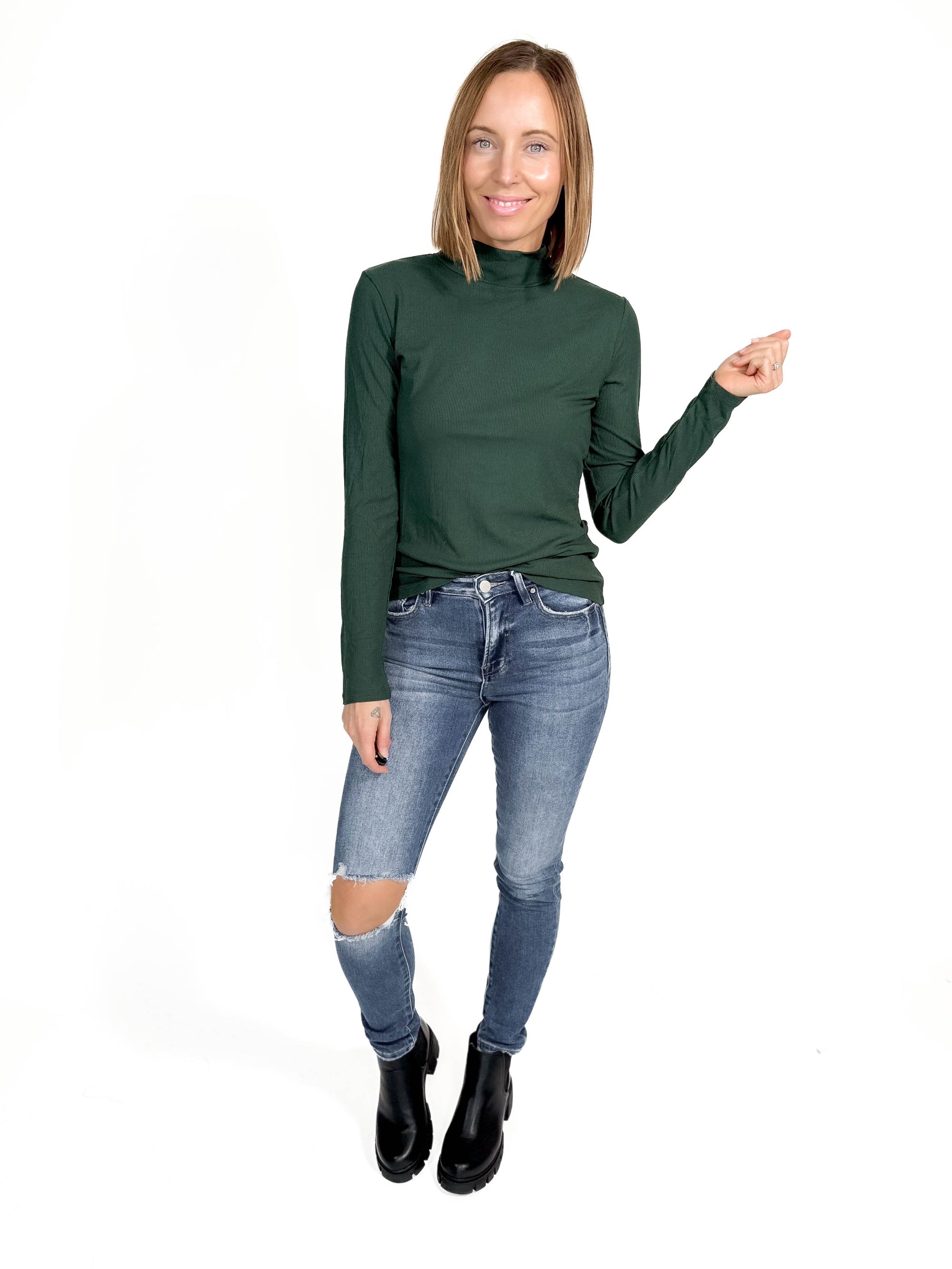 Gotta Have Ribbed Mock Neck Long Sleeve- HUNTER GREEN -FINAL SALE